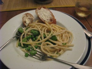 Favas, peas and bucatini in pepper and parmesan