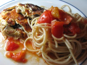 Eggplant Gratin with spaghetti and chunky heirloom tomato sauce